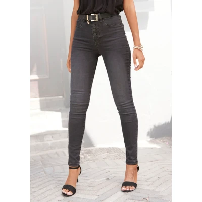 Abbildung von LASCANA High waist Jeans, mit sichtbarer Knopfleiste und Stretch Anteil