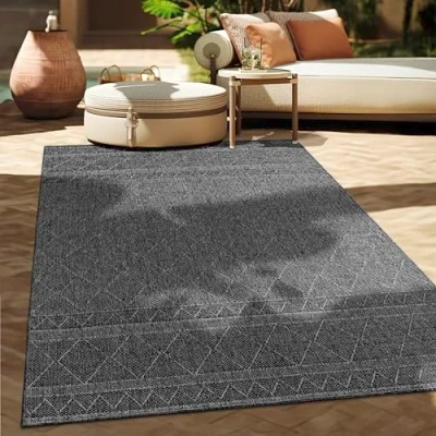 Abbildung von Paco Home In &amp; Outdoor Teppich Balkon Terrasse Küchenteppich Modernes Boho Ethno Muster, Grösse:80x250 cm, Farbe:Anthrazit 2