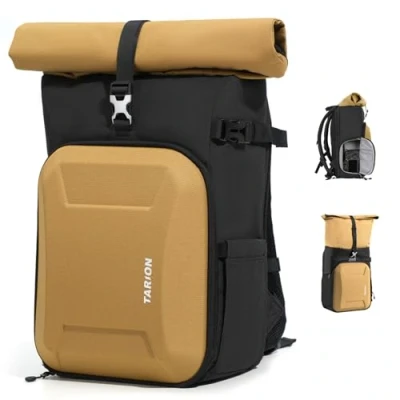 Abbildung von TARION Kamerarucksack Rolltop Fotorucksack mit Hartschale: Professionelle Kameratasche Spiegelreflex 16 Zoll Laptopfach für DSLR SLR Kameras Objektive Stativ(Gold)