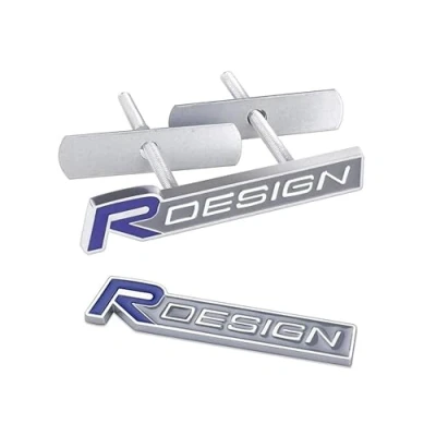 Abbildung von 2 stück 3D Metall R Design Auto Emblem + Front Kühlergrillplatte Badge Aufkleber Styling für Volvo S60 V60 XC60 V40 (Blau)