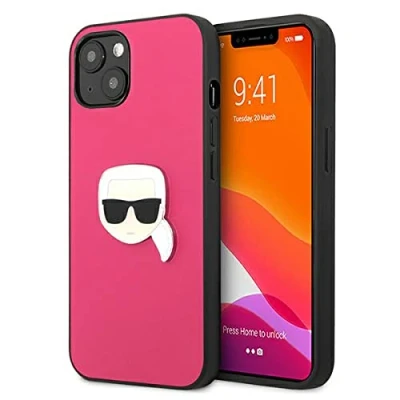 Abbildung von Karl Lagerfeld KLHCP13SPKMP Hülle für iPhone 13 Mini 5,4&quot; rosa Leather Ikonik Karl`s Head Metal