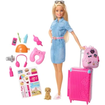 Abbildung von Barbie FWV25 Reise Puppe mit blonden Haaren inkl. Reisezubehör und Hündchen, Puppen Spielzeug Puppenzubehör ab 3 Jahren