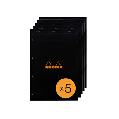 Abbildung von Rhodia 202009C Packung mit 5 Notizblöcken geheftet No.20, DIN A4+, 80 Blätter gelb kariert perforiert, 80g, Schwarz, 1 Pack