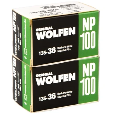 Abbildung von original WOLFEN (ORWO) NP100 schwarz/weiß Kleinbildfilm im Doppel Pack 2x36 Aufnahmen/Made in Germany