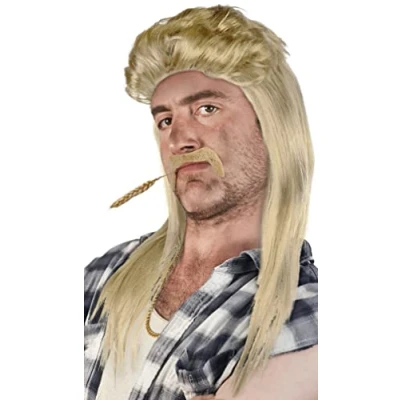 Abbildung von SET aus: Vokuhila Perücke + Bart Goldkette Rocker Prollperücke Vokuhilaperücke Proll Pimp Blond Brünette Grau Schwarz 80er 90er Jahre (Hellblond Goldkette)