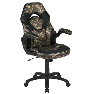 Abbildung von Flash Furniture X10 Gaming Stuhl, Rennsport Design, Bürostuhl, ergonomischer PC Drehstuhl, verstellbar, mit hochklappbaren Armlehnen, Tarnmuster/schwarzes LeatherSoft, Polyurethan