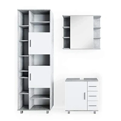Abbildung von Vicco Badmöbel Set Ilias, Beton/Weiß, 3 Teile, mit Hochschrank