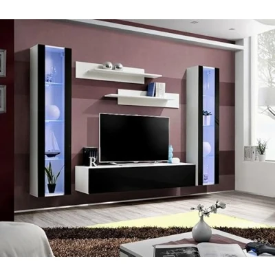 Abbildung von All4All Wohnwand Anet Schrankwand Hängend Anbauwand Wohnzimmerschrank Wohnzimmer Modern Weiß Matt/Schwarz Hochglanz 21