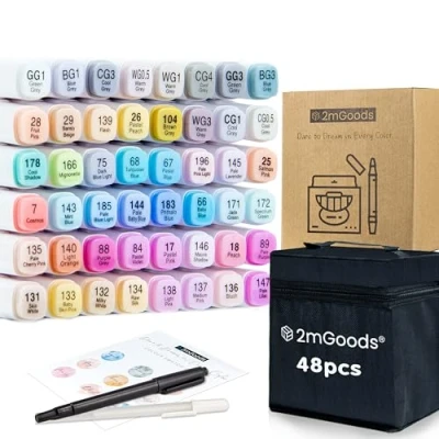 Abbildung von 2mGoods Marker Alkohol mit Doppelspitze, (inkl. Musterkarte, Aufbewahrungstasche, Feinliner und Highlighter, Copic Set, Twin Marker, Filzstifte für Erwachsene), Graffiti Stifte, schnelltrocknend, geruchsarm, lichtbeständig