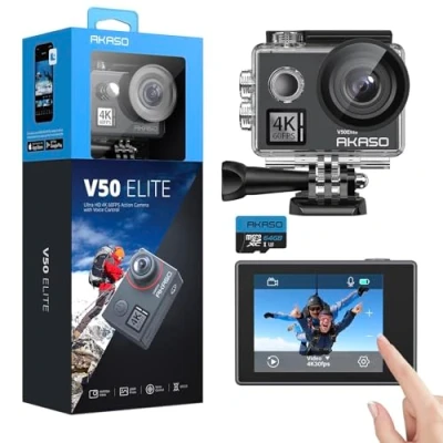 Abbildung von AKASO V50 Elite Action Cam,4K60FPS 20MP Unterwasserkamera mit 64GB U3 Speicherkarte WiFi Touchscreen EIS 40M Sportkamera 8X Zoom Sprachsteuerung Fernbedienung Zubehör Kit