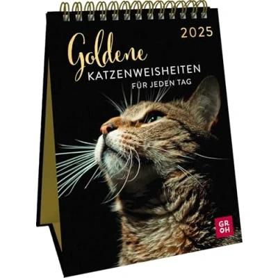 Abbildung von Wochenkalender 2025: Goldene Katzenweisheiten für jeden Tag: Eleganter Katzenkalender mit Katzenfotos und Zitaten in edler Goldoptik. Tischkalender zum Aufstellen im Hochformat