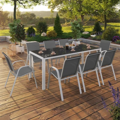 Abbildung von IDMarket Gartenmöbel Madrid Tisch 190 cm und 8 stapelbare Stühle, Struktur weiß, Tischplatte grau