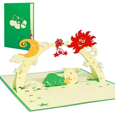 Abbildung von LINPOPUP®, LIN17229, Pop Up Karte, 3D Karte Glückwunschkarte Geburtskarte Klappkarte Geburt Baby Neugeboren Schlafbaby, neutral Grün, N97