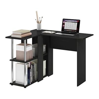 Abbildung von Furinno Abbott L förmiger Schreibtisch mit Bücherregal, Holzwerkstoff, Americano/Edelstahl, 1 Pack