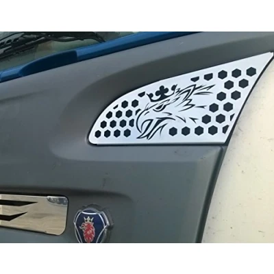 Abbildung von 2 x Edelstahl poliert Dekorationen für Scania R P Serie 2010?2016 Trucks oberen Garmish Grill Cover OEM 1870595/1870596