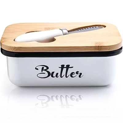 Abbildung von Butterdose mit Holzdeckel，Butterdose edelstahl Butterglocke für 250 g Butter，Butterdose Multifunktionales Buttermesser，Große aus Edelstahl，Butterbox Haushalt und Küche(Weiß)