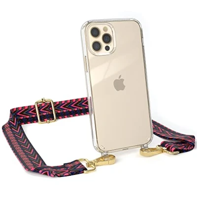 Abbildung von EAZY CASE Handykette Verstellbarer Trageriemen kompatibel mit iPhone 12/12 Pro, Schulterriemen, Handykordel Case, DIY Gürteltasche Hülle, Pink/Blau Metallstücke Gold