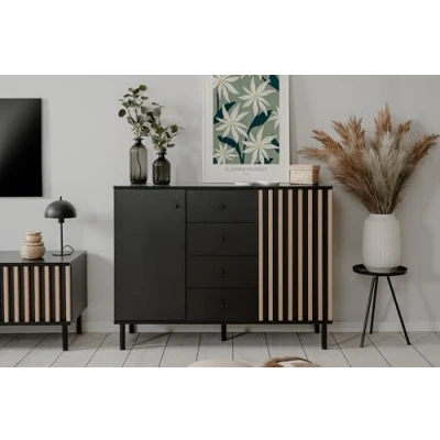 Abbildung von möbelando Sideboard &gt;Monza&lt; 2 Türen, 4 Schubladen, Böden, 3D Lamellen Optik, schwarz/Dekor Artisan Eiche 118x90x40cm (BxHxT)
