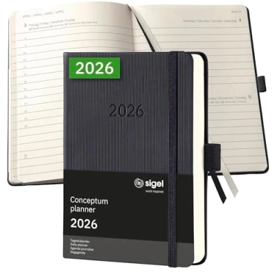 Abbildung von SIGEL C2611 Terminplaner Tageskalender 2026, ca. A6, schwarz, Hardcover, 400 Seiten, Gummiband, Stiftschlaufe, Archivtasche, aus nachhaltigem Papier, Kalenderbuch Conceptum