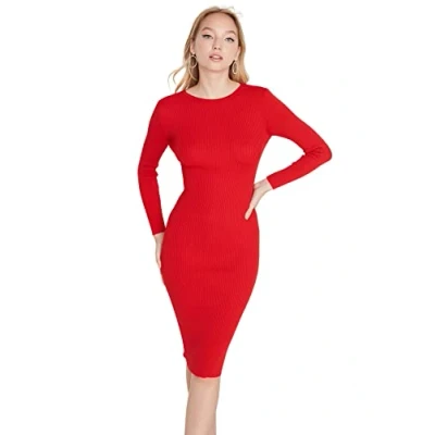 Abbildung von Trendyol Damen Figurbetont Bodycon Rundkragen Trikot Kleid, Rot, 42