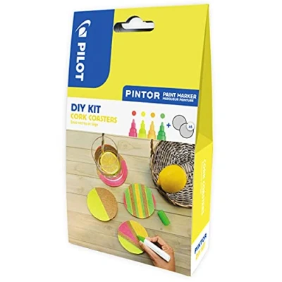 Abbildung von PILOT PINTOR DIY Korkuntersetzer zur Tischdekoration Bastel Set mit 4x Kreativmarker und 6 individuell gestaltbaren Untersetzern, sommerliche Neonfarben