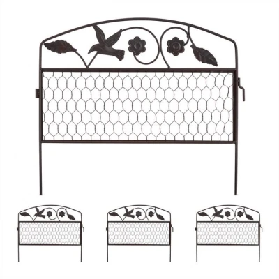 Abbildung von Relaxdays Beetzaun, 4 Zaunelemente je HxB: 41 x 48,5 cm, Steckzaun mit Verzierung, Beeteinfassung, Metall, Dunkelbraun
