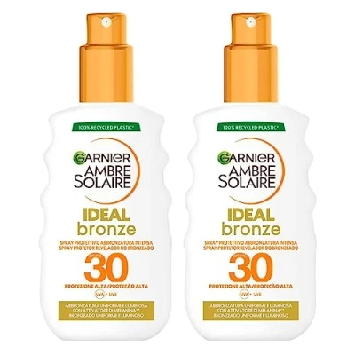 Abbildung von Garnier Ambre Solaire Ideal Bronze Sonnenspray Gesichtsschutz Körper SPF 30 Hoher Schutz gegen UVA UVB Formel Waterproof mit Melanin Aktivator für intensive Bräunung 2 Flaschen à 200 ml
