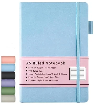 Abbildung von Beinushor Notizbuch A5, mit Hardcover Ausgekleidetes Journal Dickem Premium 100GSM Papier, 192 Seiten, Innentasche, Stiftschlaufe, Gummiband, Kunstlederbezug, 14,5 x 21,3 cm (Blau)