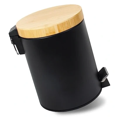 Abbildung von GREELUE 5L Mülleimer Bad mit Holzdeckel, Kosmetikeimer Absenkautomatik (Soft Close), Badezimmer eimer, Abfalleimer (Schwarz 5L)