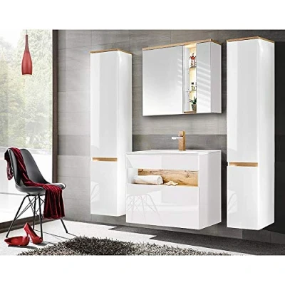 Abbildung von Lomadox Badmöbel Komplett Set, 80cm Unterschrank mit Keramik Waschbecken, Hochglanz weiß Wotaneiche, 2 Hochschränke und LED Spiegelschrank