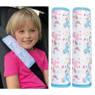 Abbildung von Schlafkissen 1x oder 2x Kinder Auto Gurtpolster Gurtschutz mit Einhorn Motiv Sicherheitsgurt Polster für und Babys Ideal jeden Gurt Autositzerhöhungen Fahrradanhänger Flugzeug, HECKBO