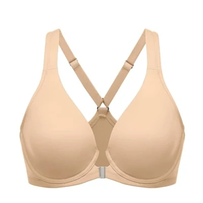 Abbildung von DELIMIRA Damen Vorderverschluss Racerback BH Grosse Grössen Bügel BHS Tiefer Ausschnitt Ungefüttert Vollschalen Warmes Beige 90G