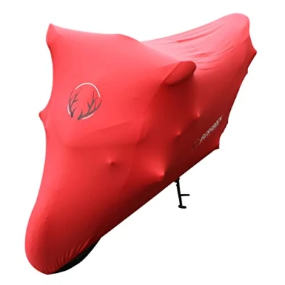 Abbildung von BUSHBOCK® Premium Cover Indoor Motorrad Abdeckplane Staubschutz elastischer, atmungsaktiver Samt Stretchstoff (M L, Rot)