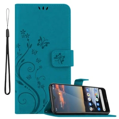 Abbildung von Cadorabo Hülle kompatibel mit Nokia 5,3 Blumen Design aus Premium Kunst Leder Flip Klappbare Stoßfeste Magnetische [Standfunktion] [Kartenfächern] Cover Case für Tasche in Blau