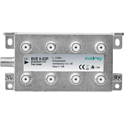 Abbildung von Axing BVE 8 02P fach BK Verteiler für Kabelfernsehen Multimedia Digital TV 5 1218 MHz F Anschluss metall