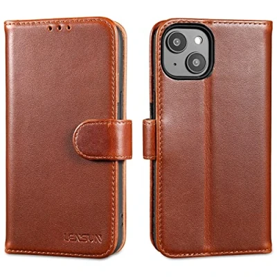 Abbildung von LENSUN Echtleder Hülle für iPhone 14, Leder Handyhülle [Kartenfach][Magnetverschluss][RFID Schutz] Handytasche Echtes Lederhülle 14 5G Dunkelbraun