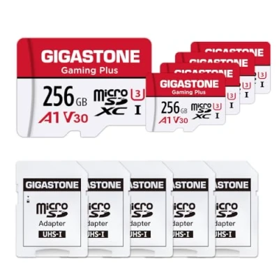 Abbildung von Gigastone Gaming Plus Micro SD Karte 256GB 5er Pack und Adapter, Kompatibel mit Switch, bis zu 100/60 MB/s MicroSDXC Speicherkarte UHS I A1 U3 V30 Klasse 10, 4K UHD Videoaufnahme
