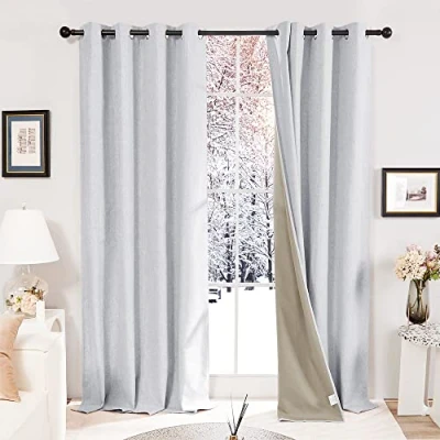 Abbildung von Deconovo Set mit 2 Vorhängen, Grau, für Schlafzimmer, Jungen, aus Leinen, Ösen, Blickdicht, 117 x 229 cm, moderner Fenstervorhang, Wohnzimmer, Küche