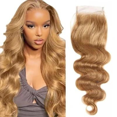 Abbildung von Tuheerst Lace Front Closure 4x4 Human Hair Blonde Body Wave #27 with Natural Hairline Brazilian Remy No Smell Tangle for Woman 18 Inch