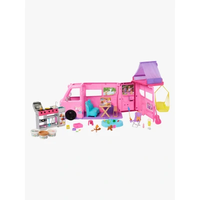 Abbildung von Barbie Super Abenteuer Camper Spielset mit Dachzelt, Hängesessel, Fischteich, Grill Farbwechseleffekt und über 60 Zubehörteilen inklusive Knete, HRJ78