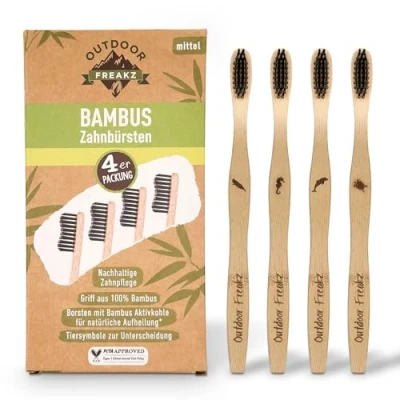 Abbildung von 4er Pack Bambus Zahnbürste mit reinem Holz ✮ vegan biologisch abbaubar 100% frei von BPA Borsten Bambusholzkohle für beste Sauberkeit