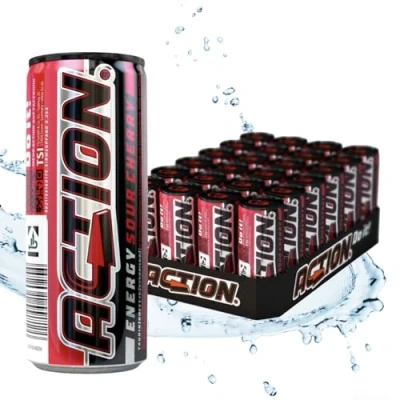Abbildung von ACTION Energy Drink Sour Cherry (48 x 250ml) inkl. Pfand Erfrischungsgetränk mit Sauerkirsch Geschmack Energiekick erhöhtem Koffeingehalt 32mg/100ml Koffein verbesserte Leistung