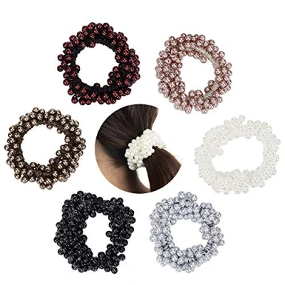 Abbildung von Elastische Haargummi, Hair Scrunchie, 6 STÜCKE Kunstperle Perlen Haarband Seil für Brötchen, Pferdeschwanz Halter Stirnbänder Frauen Mädchen Dame Kinder Haarschmuck