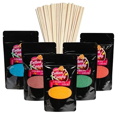 Abbildung von Zuckerwatte Zucker Set 5 x 200g Premium Aroma + Stäbe (5 50 Stäbe)
