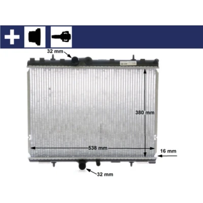 Abbildung von MAHLE ORIGINAL CR 1501 000S Kühler, Motorkühlung 562mm 380mm 18mm mit Schlauch, Zubehör Kappe Kühlrippen gelötet PEUGEOT: 307 Kombi, SW