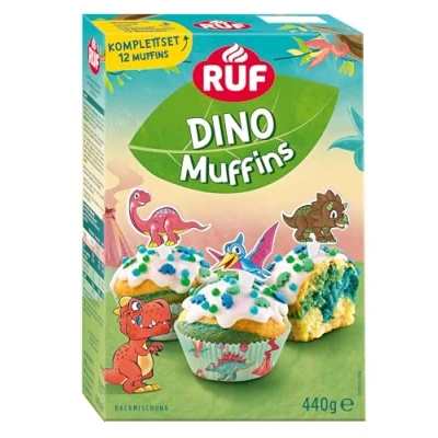 Abbildung von RUF Dino Muffins Komplettset Backmischung für dreifarbige mit Zuckerglasur, bunten Streuseln und Motiv Pickern, lustiger Backspaß Kindern, ideal Geburtstage, inkl. Förmchen