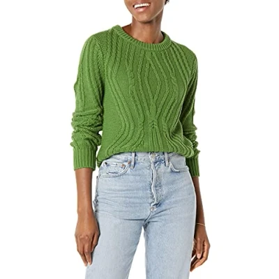 Abbildung von Amazon Essentials Damen Pullover mit Rundhalsausschnitt und Zopfmuster aus 100 % Baumwolle, Grün, S