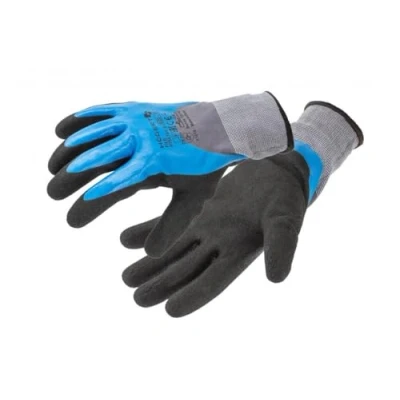 Abbildung von Högert Technik FILS 3/4 nitrilbeschichtete Schutzhandschuhe, Schaumstoff Nitril, blau/grau/schwarz, Größe 9, abriebfest, ideal für präzise Arbeiten