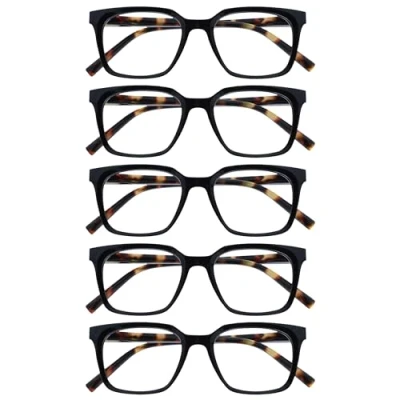 Abbildung von OPULIZE KOI Lesebrille 5er Pack Große Rechteckige Brillenfassung Schwarz Damen Herren Unisex Federscharniere RRRRR50 1 +1.00