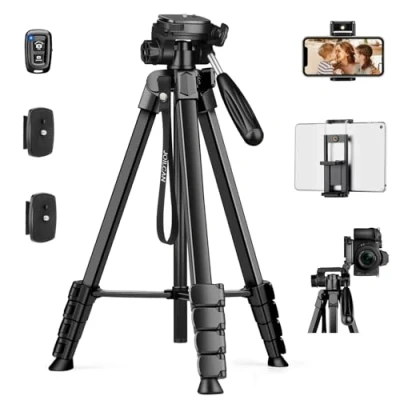 Abbildung von JOILCAN Kamera Stativ, 173cm leichtes Handy Stativ für Smartphone/iPhone/iPad mit Abnehmbarem Kopf, Tragbares Aluminium Reisestativ Fernbedienung und &amp; Tablet Halterung, Tragkraft 3,6KG